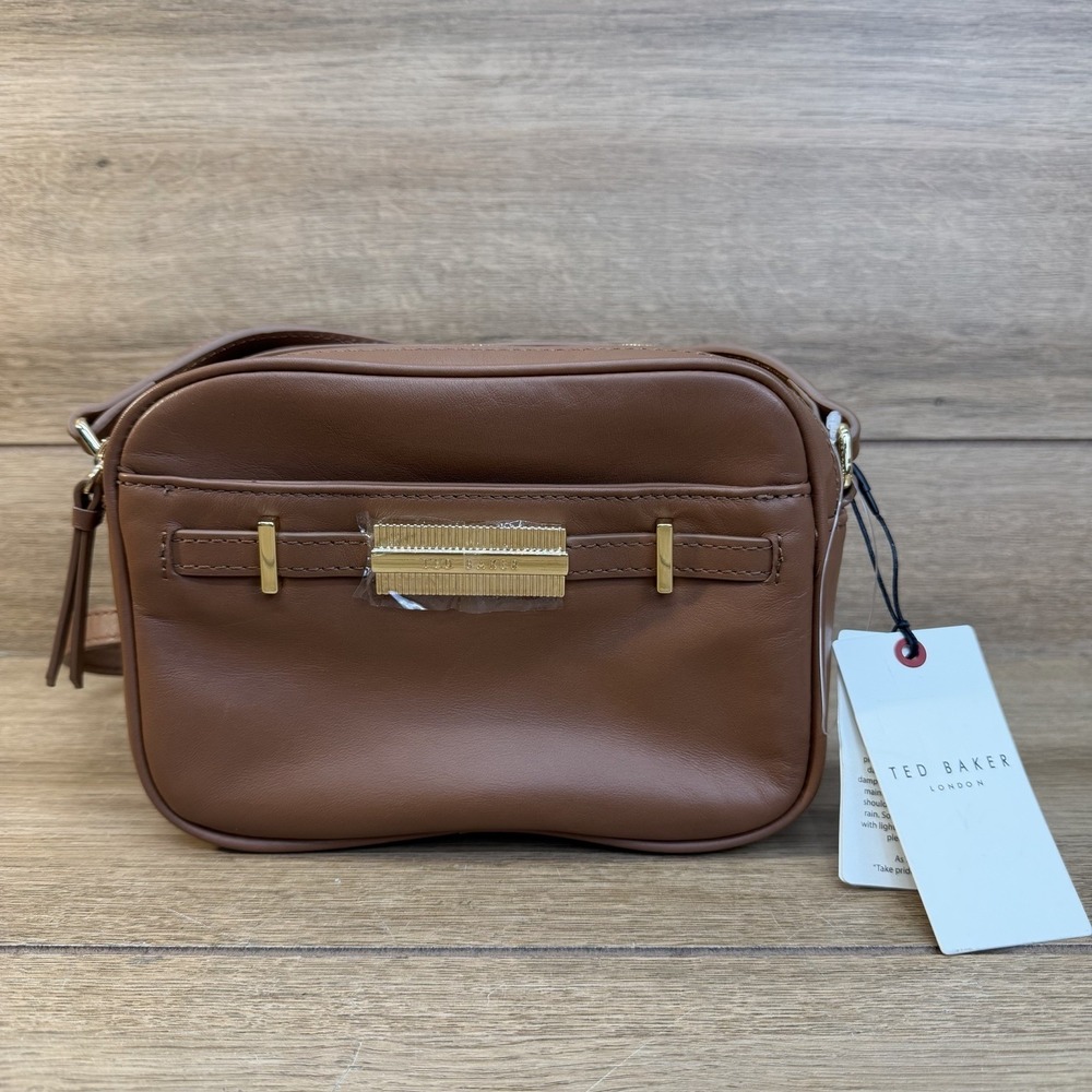 Ted  Baker London Brown Leather Camera Crossbody Bag with Gold Accents NWT